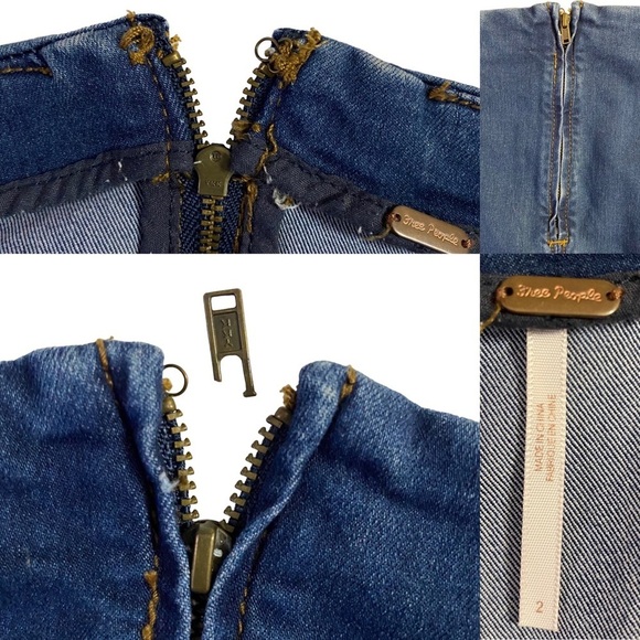 Free People Modern Femme Denim Stretch Mini Skirt Dark Blue Wash A-Line 2 FLAW - Picture 5 of 16